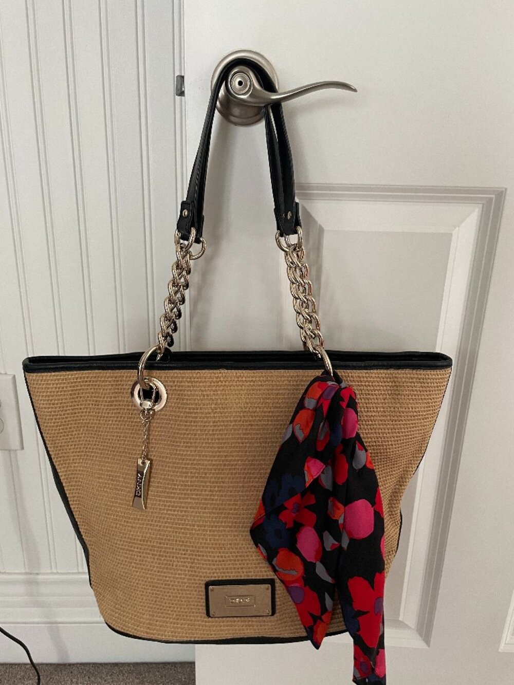 DKNY Large Straw Leather Chain Tote Bag w/ Floral Scarf